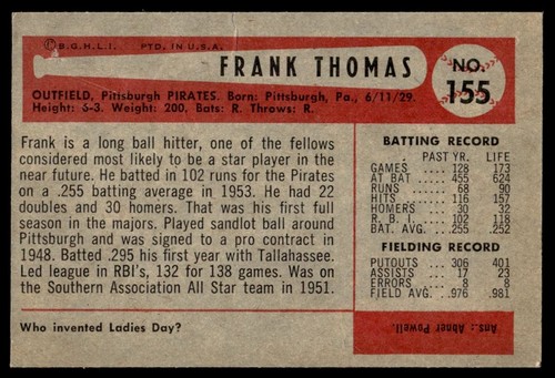1954 Bowman Frank Thomas Rookie Pittsburgh Pirates #155 A1 - Picture 2 of 2
