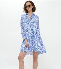 OLIPHANT Long Sleeve Mini Shirtdress Swing Size XXS Blue Jakarta Peri Floral