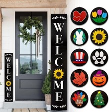 Welcome Sign for Front Porch Standing, Interchangeable Wooden Sign with 5 Design