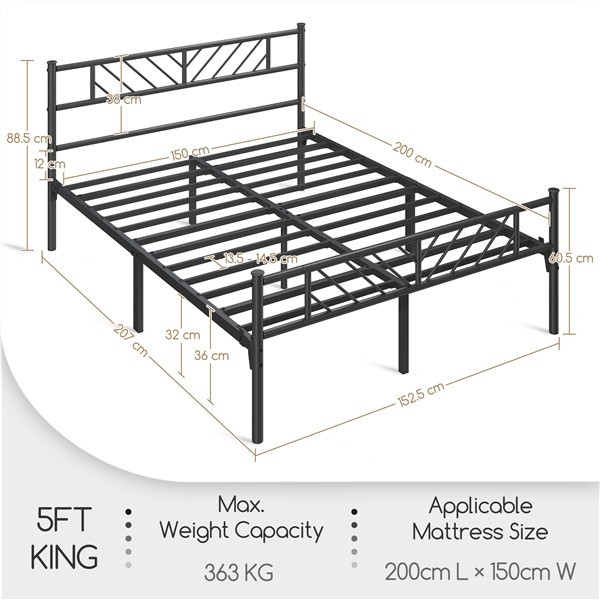 King Size Metal Bed Frame, Platform with Arrow Design Headboard and Footboard