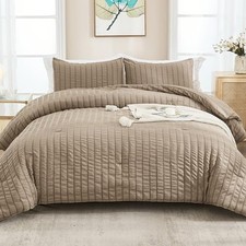 Taupe Seersucker Twin Comforter Set 68x90 inches , 2 Pieces-100 Soft Washed