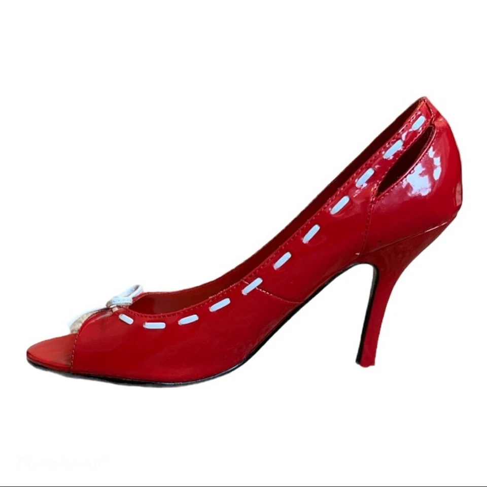 Tacones Shiekh rojo peep toe con lazos blancos talla 10 Foto 3 de 4