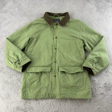 LL Bean Jacket Kids 14-16 Green Canvas Lined Corduroy Collar Barn Chore Coat