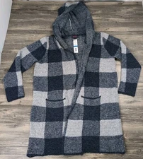 Joseph A Draped Front Cardigan Size XL NEW Full Length Duster Blue Check Pockets