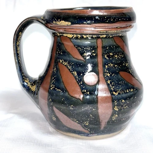 Studio Art Pottery Coffee Cup Mug Blue Rust Brown Gold Fleck Glaze Stamped 12 Oz