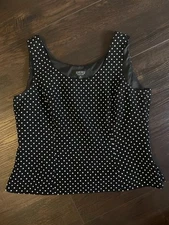 Black Classic Sleeveless Top, Mini White Polka Dots, Lined, Zip, Kasper Sz 12