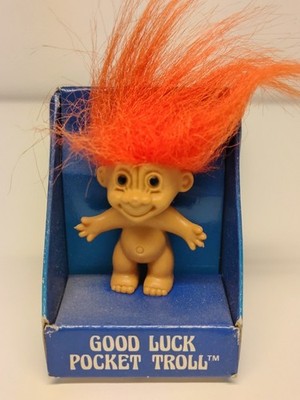 Vintage 1990s Russ Good Luck Pocket Troll Doll Orange Hair In Original Box 1.5''