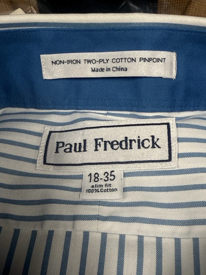 Paul Frederick Dress Shirt Pinstripes Blue White Striped - Image 4 of 4