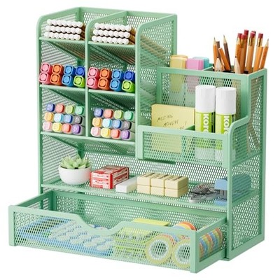  Mesh Pen Holder for Desk, Multi-Functional Pencil Organizer with Drawer, Green