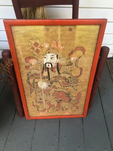 古董 20 世纪早期带框门神木版画,战士守护者 — 第 4/4 张图片