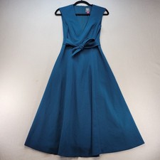 Vince Camuto Flare A-Line Dress Women 4 Teal Blue Sleeveless V-Neck Tie Waist