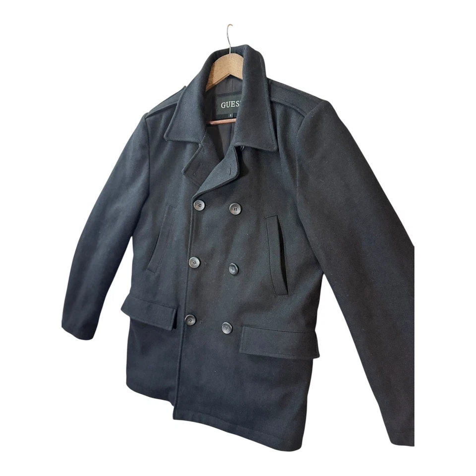 GUESS Mens Wool Peacoat Jacket S Black Double Breasted Classic Winter Outerwear - Image 3 of 4