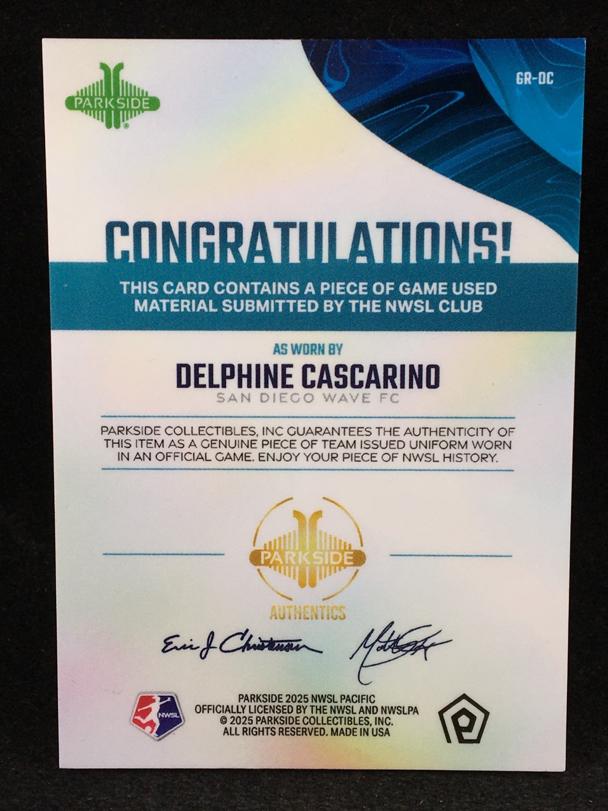 Delphine Cascarino 2025 Parkside NWSL Pacific GAME USED MATCH WORN Relic C view 2