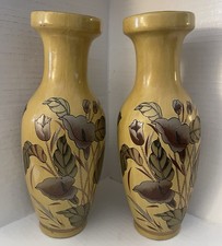 2 Vintage Chinese Yellow Ceramic  Calla Lily Floral Vases 13” Tall
