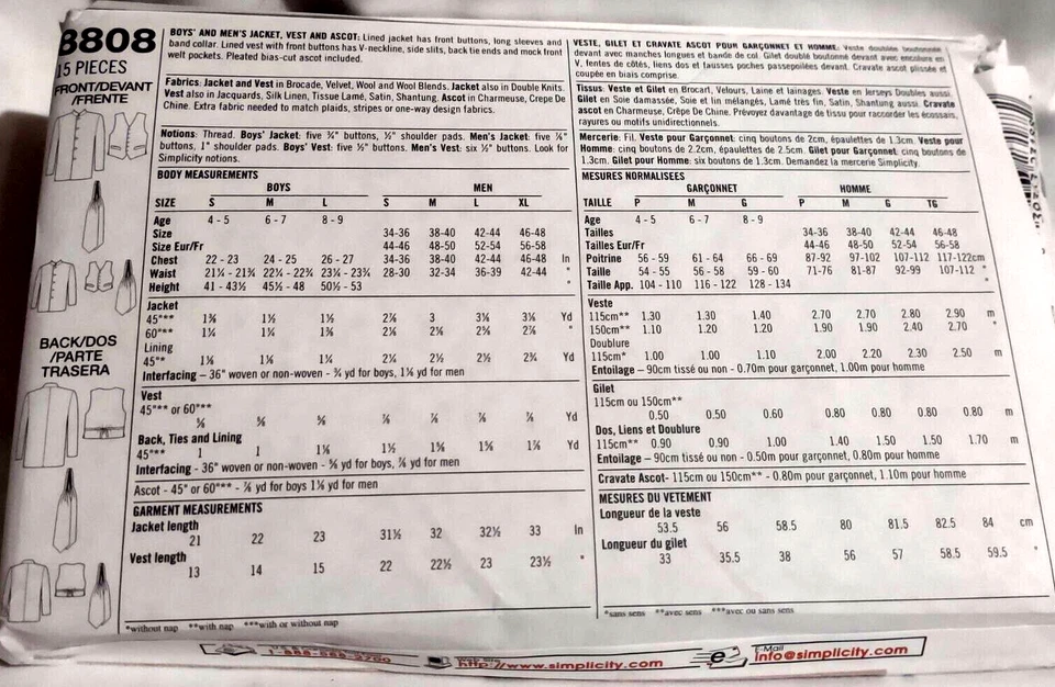 Simplicity 8808 Size Boys S-L Mens S-XL Pattern UNCUT Jacket Vest Suit Ascot Tie - Image 2 of 4