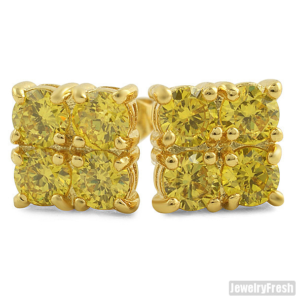CTW Four Stone Gold Canary CZ Stud Earrings for Men