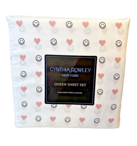 New Cynthia Rowley Smiley Faces Pink Hearts 4 Piece Queen Sheet Set NWT - Picture 1 of 2