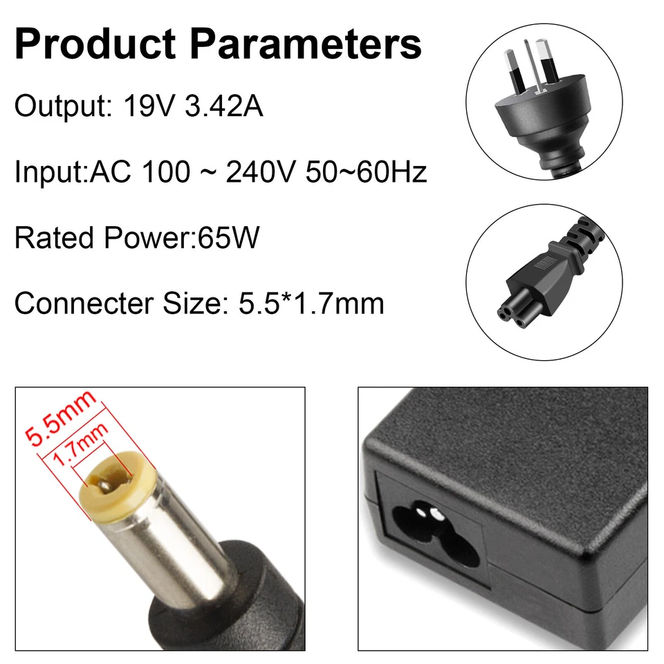 Laptop Notebook Power Supply Charger Adapter for Acer 19V 3.42A 65W 5.5*1.7mm - image 3 of 4