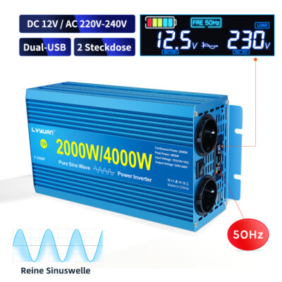 2000W 4000W Reiner Sinus Spannungswandler 12V auf 230V Wechselrichter 2USB 2AC