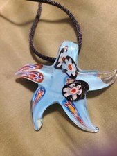 Brand New Gorgeous Aqua Blue Art Glass Starfish Pendant 2" Long Black Cord 3077