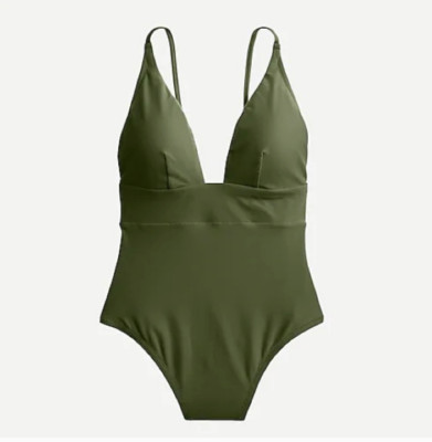 J.Crew $110 Deep V-Neck French One Piece Swimsuit Safari Green Sz 24 L2584