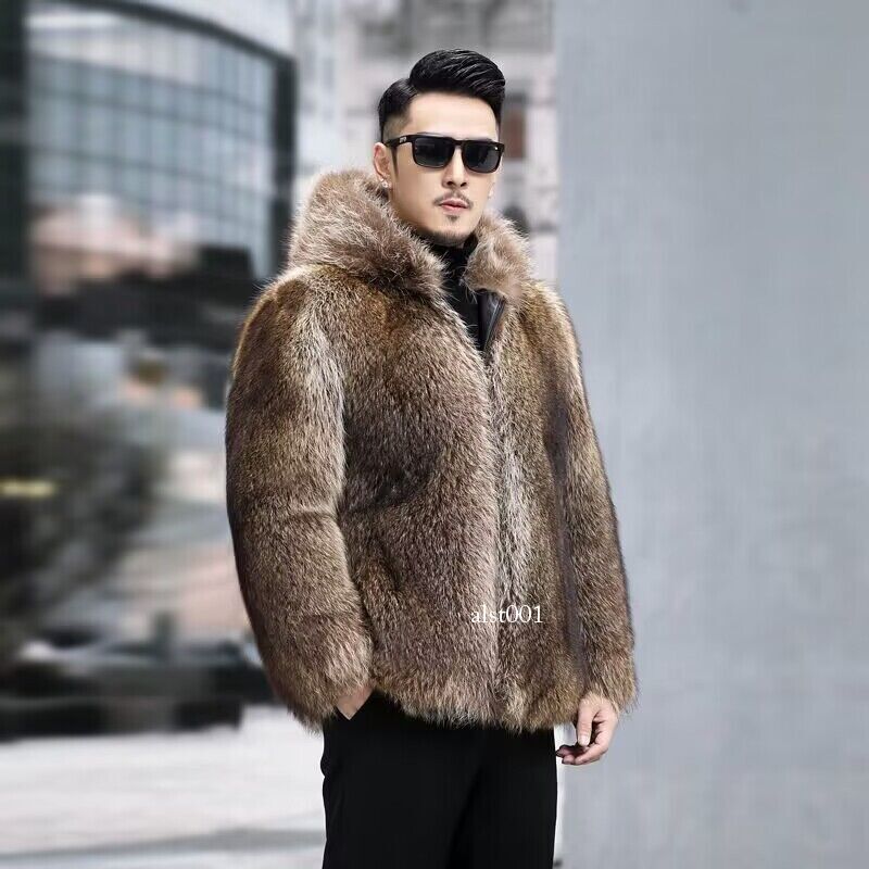 Mens Hooded Short Faux Raccoon Fox Fur Collar Coat Jacket