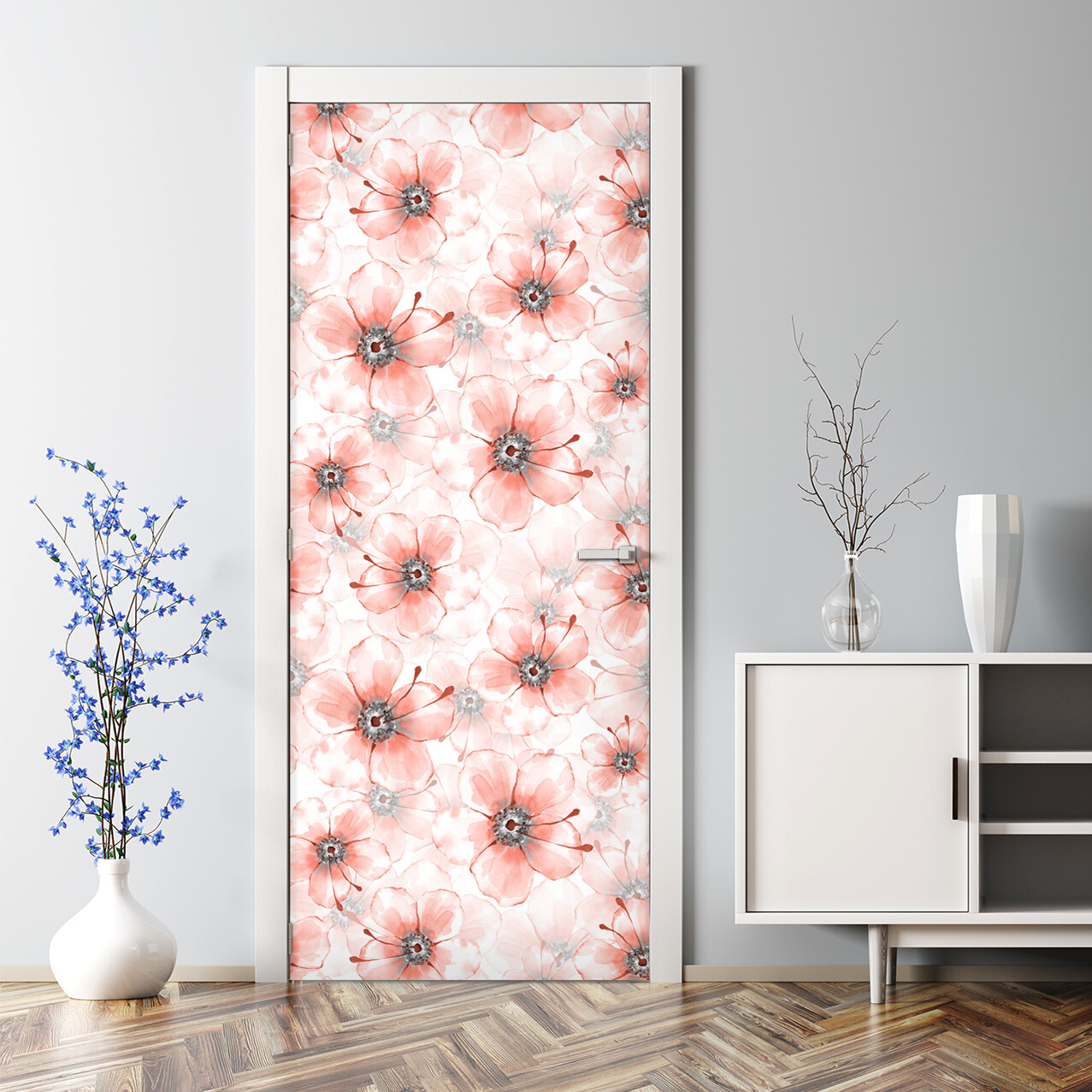 Bright Orange Flowers Adhesive Beautiful Botanical Pattern Wallpaper Door Decal