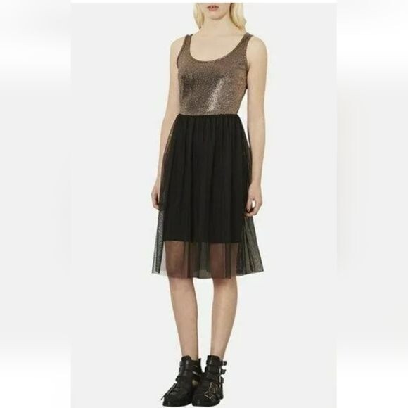 Topshop Gold Stretch Black Tulle Skirt Lined Tank Dress/ Size 6.