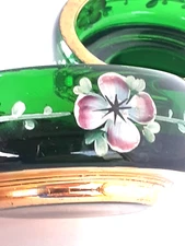 Vtg Round Bohemian Ashtray Set Dark Green Glass Hand Painted Gold Trim  Stacks