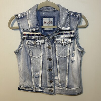 Mudd Y2K Denim Vest Boho Women s S Blue Jean Distressed Medium Wash Button Up