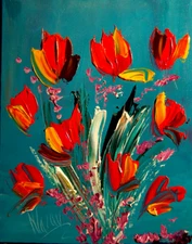 FLOWERS    IMPRESSIONIST  ORIGINAL OIL  PAINTING -ABSTRACT ART IYVTDD