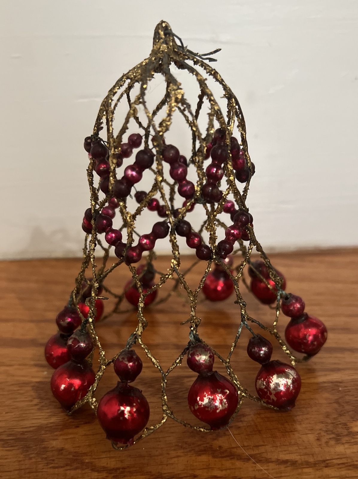 Vintage Wire Christmas Bell Ornament with Red Mercury Glass Beads