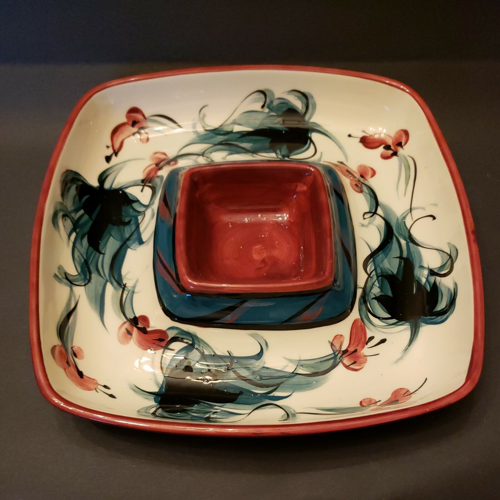 Gail Pittman Red Grapevine Handmade Square Chip Dip Bowl handpainted party tray eBay