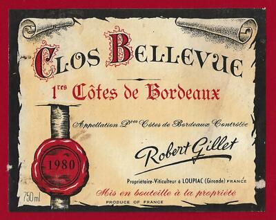 75/58 Etikett Label PREMIÈRES CÔTES DE BORDEAUX 1980 CLOS BELLEVUE R. GILLET