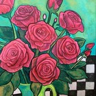 Original Fine Art Pink Roses Green Vase Checkerboard Watercolor Unframed 11x14 — photo 2