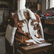 Cowhide Hair-On Leather Trucker Jacket Brown White Western Cowboy Unisex Coat