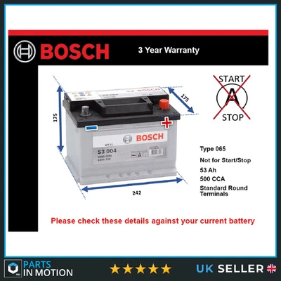 Battery fits FORD ESCORT Bosch 065 500A 53Ah 3Yr Warranty 242x175x175 - Image 1 of 4