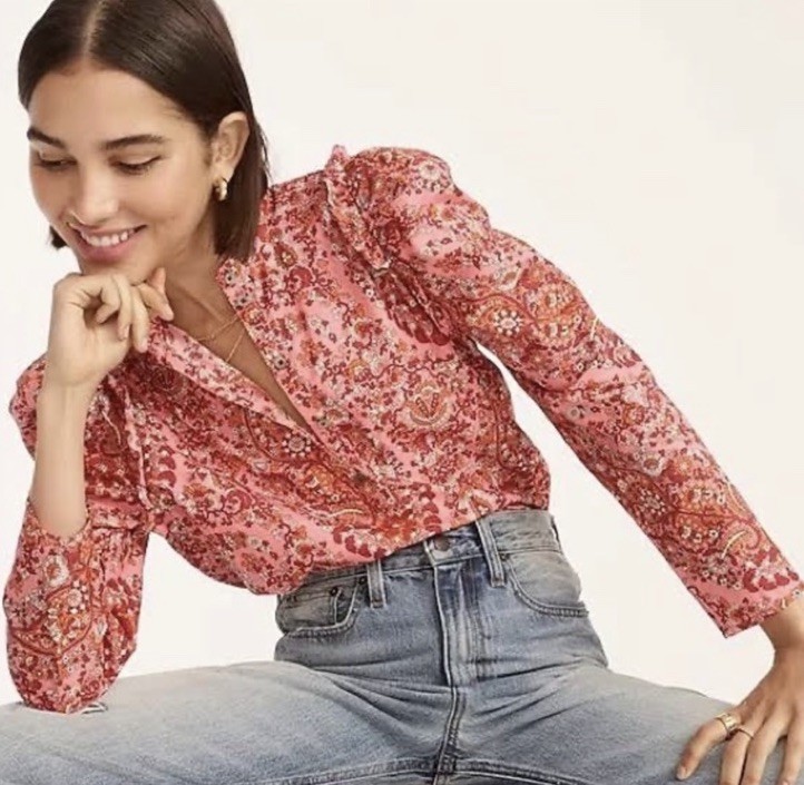 J. Crew Paisley Preppy Ruffle Cotton Blouse Size L