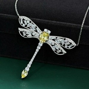 Authentic Dragonfly Pendant Necklace Oval Yellow Citrine Simulated 14K White Gold Plated