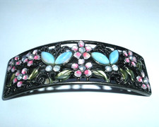 VINTAGE JEWELED PINK AND BLUE FLORAL 4" HAIR BARRETTE