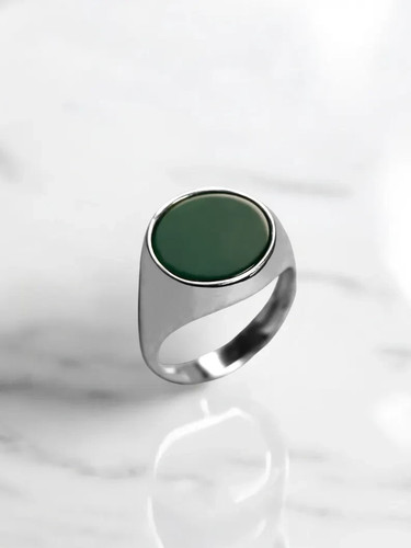 925 Sterling Silver Round Green Agate Signet Men Ring Classic Statement Gift