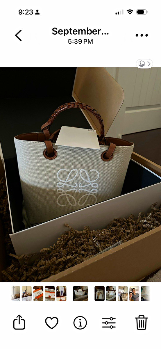 LOEWE Anagram Tote in Ecru Woven Canvas & Tan Calfskin, excellent, w/ box