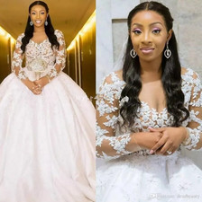 Charming Lace Ball Dresses Long Sleeve Illusion African Princess Bridal Gowns