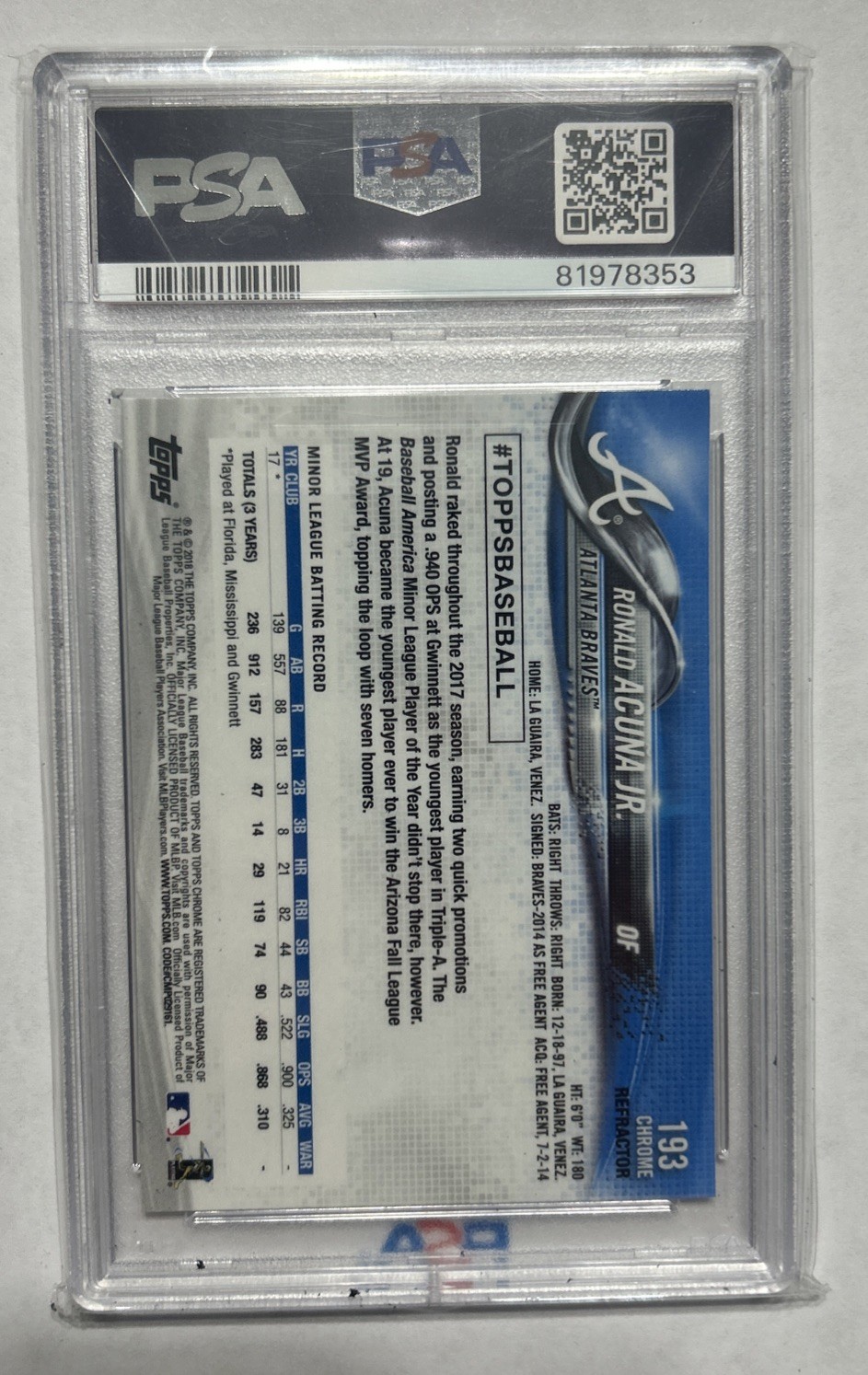 2018 TOPPS CHROME #193 RONALD ACUNA JR. SEPIA REFRACTOR PSA 10 ROOKIE RC view 2