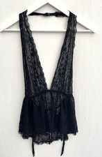 VICTORIAS SECRET Black Lace Halter Plunge Neck Babydoll Garter Belt Size M