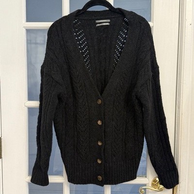 ANTHROPOLOGIE Women's Black Cable Knit V-Neck Button Down Cardigan Sweater XS