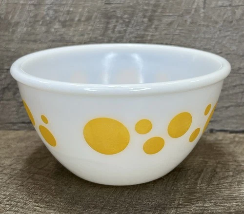 Vintage Hazel Atlas 6” Yellow Polka Dot Mixing Bowl Milk Glass
