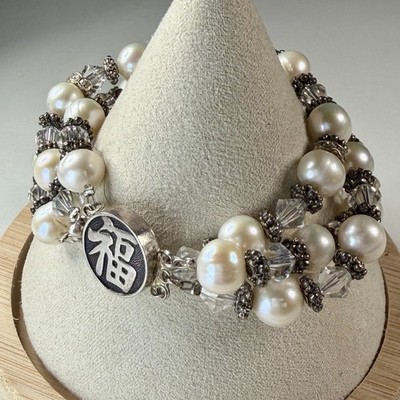 Sterling Silver Pearl Crystal Multi Triple Strand Bracelet Chinese Fu Good Luck