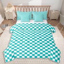 Teal Checkered Bedding Set 7Pcs Queen Size Kids Classic Plaid Comforter Set w...