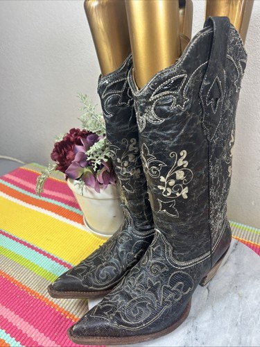 Botas occidentales Corral vintage de cuero envejecido negro con incrustaciones de lagarto para mujer EE. UU. 7M - Imagen 3 de 13